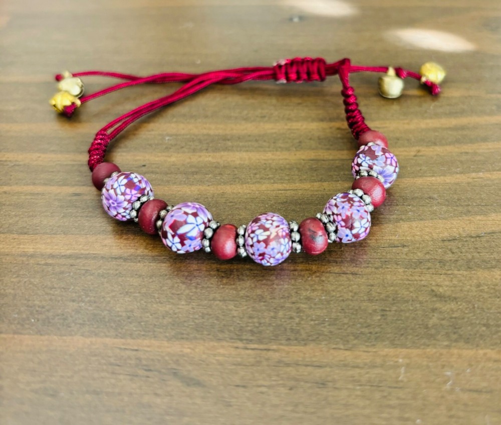 Beaded Ajustable Bracelet with bells, Purple