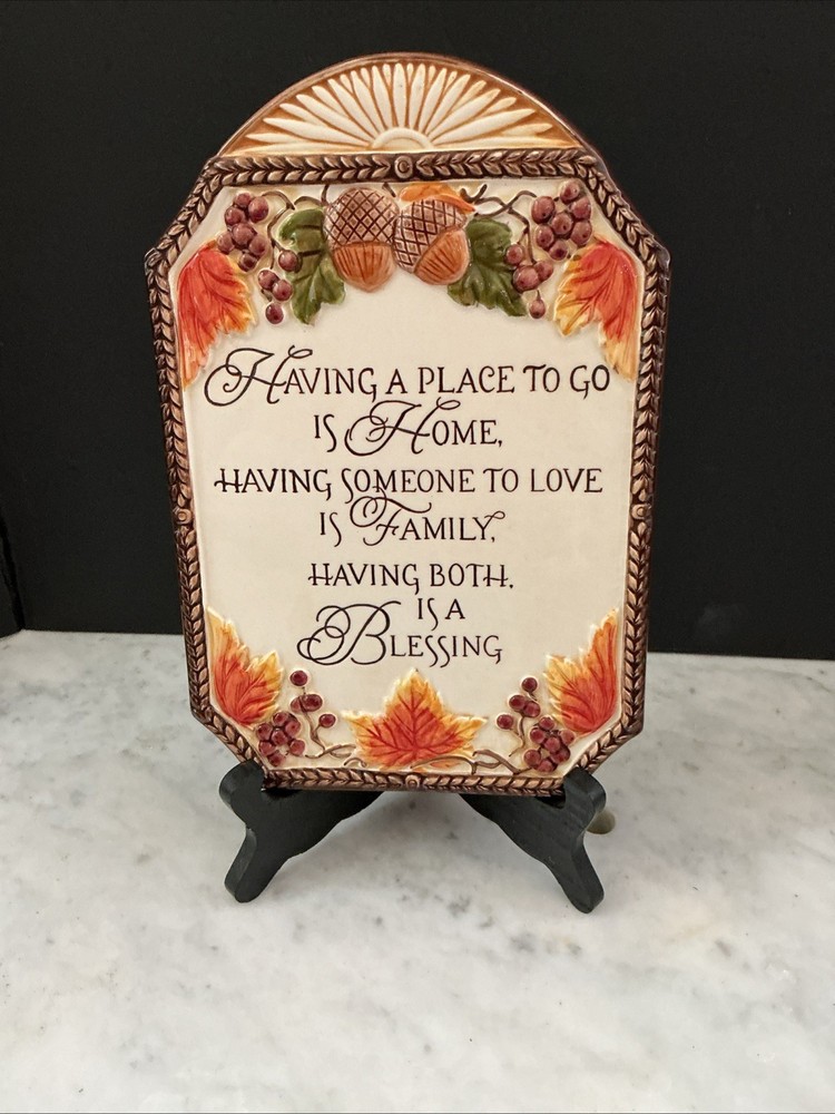 Ceramic Tile Autumn Home Blessings Acorn Maple Leaf Berries 9x6
