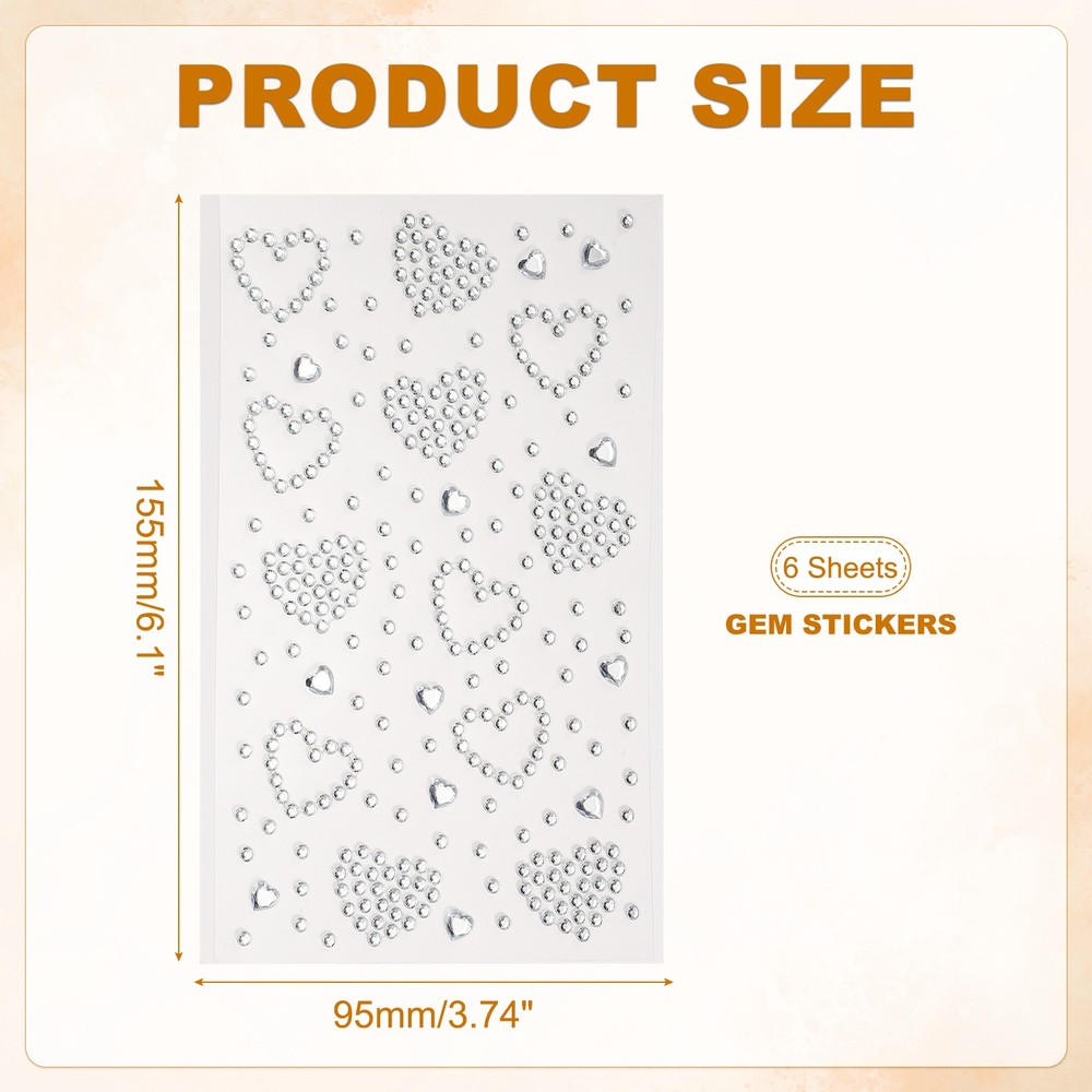 6Sheets Heart Gem Sticker, Face Gem Stickers, Silver