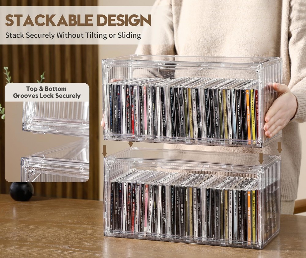2-Pack Clear CD Storage Box, Stackable CD Case Holder with Full-View Design, ...