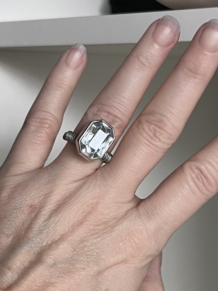 Silver and Crystal Sparkly Wire Wrapped Button Ring Size 6