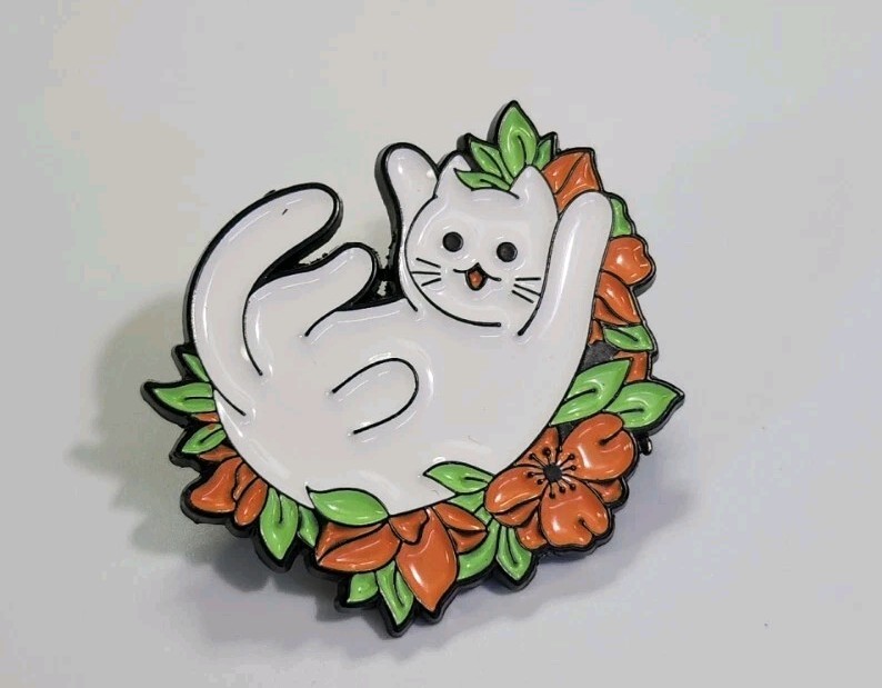 White Cat Rolling in Flowers Lapel Pin