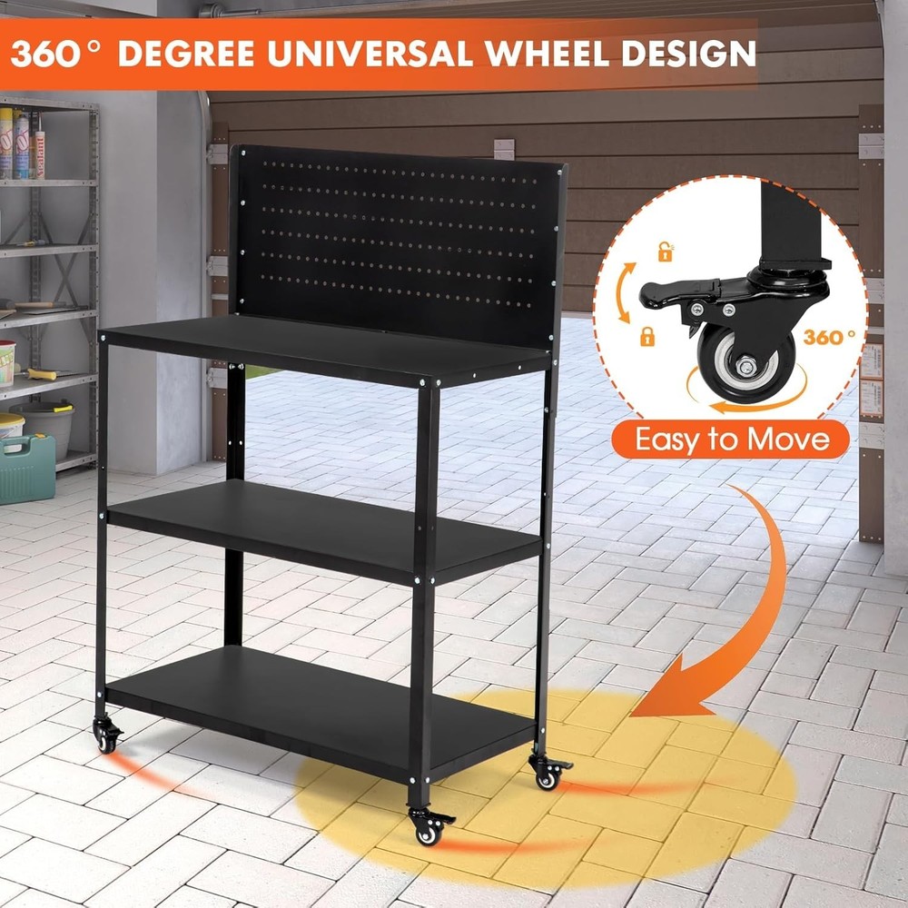 Sturdy Mobile Work Table with Lockable Wheels & Ample Storage Solutions - 600LBS
