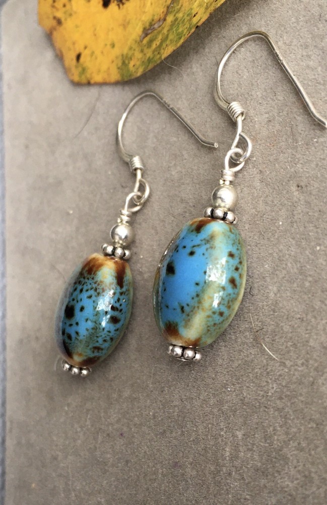 Sterling silver Ceramic bead Earrings-Earthtones-Boho chic-Pre-owned