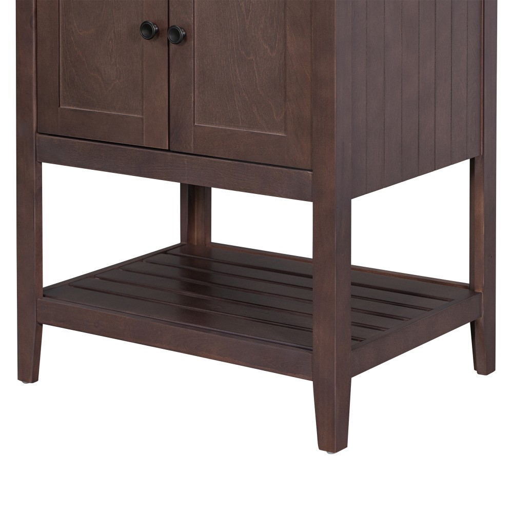 Bathroom vanity W solid wood frame Features open shelving Includes ceramic sink