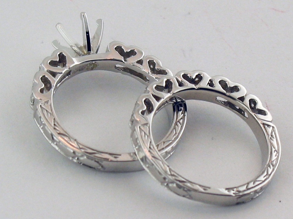 Heart Shape Engrave Style Semi Mount Diamond wedding Set 14K Solid White Gold