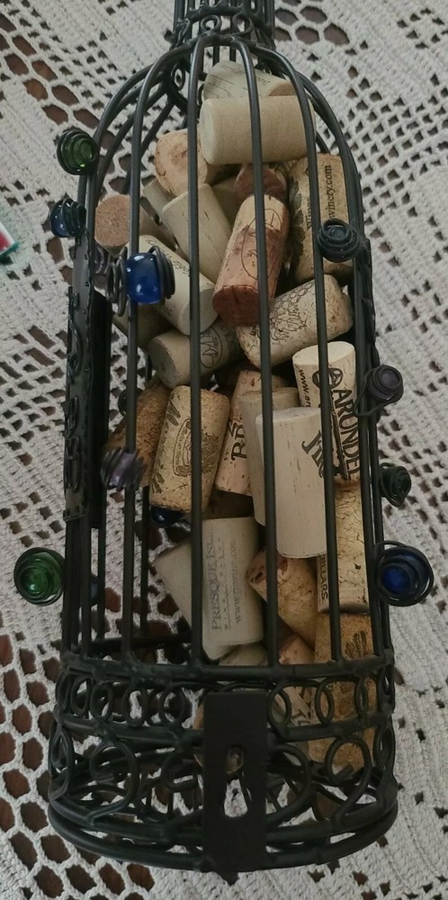 Brown ~ Metal ~ Wine Cork Storage Basket ~ Container ~ Beaded & Leaf Design