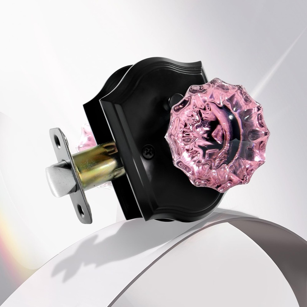 Crystal Door Knobs, Pink Black Glass Door Knobs Interior Rose Shape with Lock...