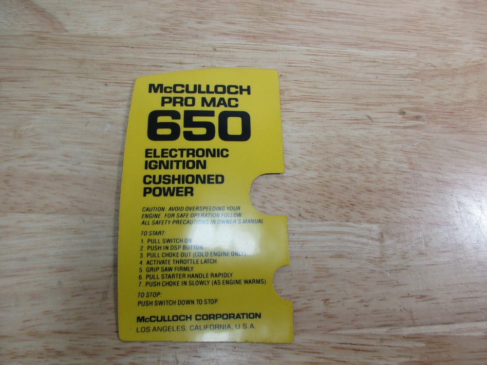 McCulloch Pro Mac 650 Chainsaw Decal Genuine NOS McCulloch