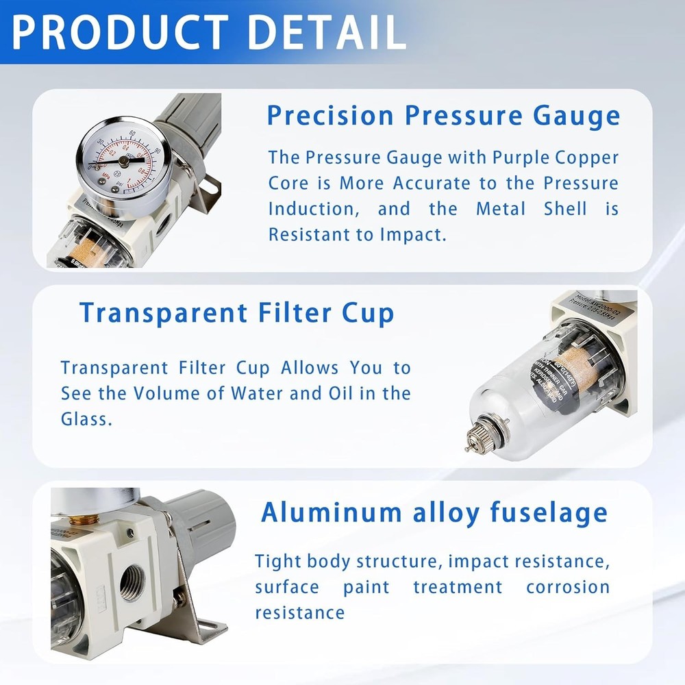 WeiTeng 1/4" NPT Compressed Air Filter Regulator Combo, 5 Micron Brass Filter