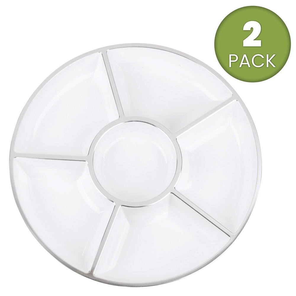 Plasticpro 6-Section Round Plastic Serving Tray Platter White/Silver (2 Pack)