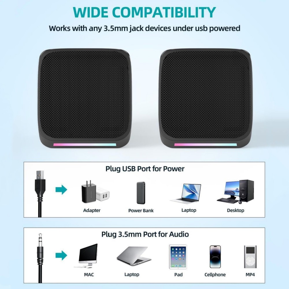For Laptop 1 Pair USB Powered Computer Speakers with Easy Volume Control
