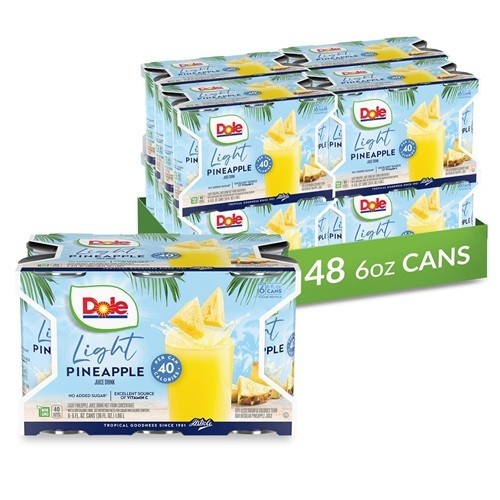 Dole Light Pineapple Juice, No Sugar Added, 6 oz Cans, 48 Pack.
