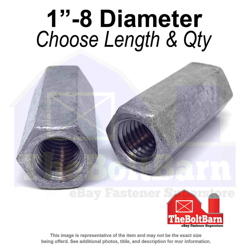 1"-8 x 2-3/4" Steel Coupling Nuts Galvanized Coarse Thread (Pick Quantity)