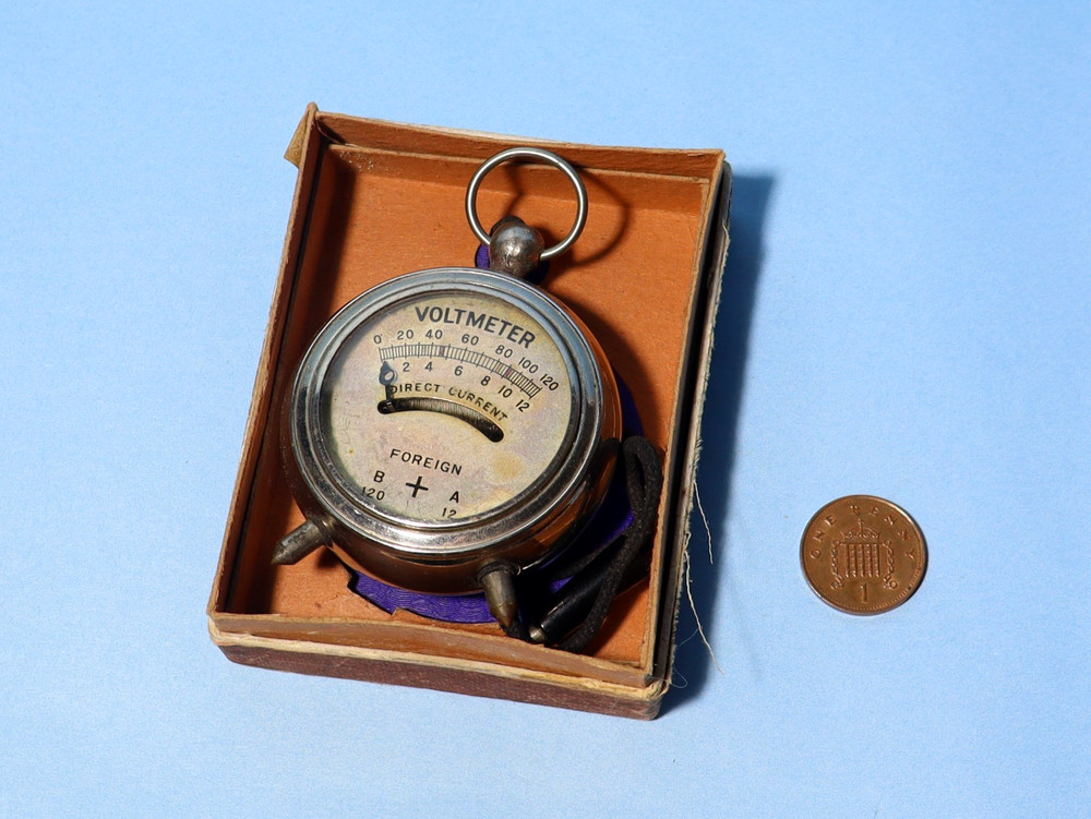 Antique Little Voltmeter Foreign Chrome #HY