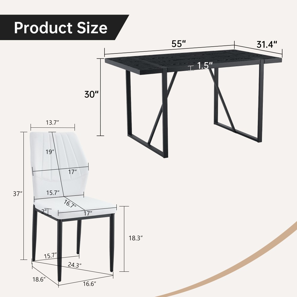 Black Wood Grain Rectangular Dining Table Set w/ 4 PU Chairs Modern