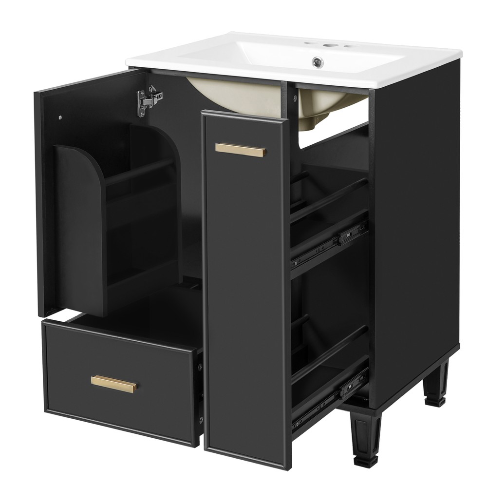 Bathroom Vanity with Ceramic Sink Solid Wood Frame Storage Cabinet Deep Drawer