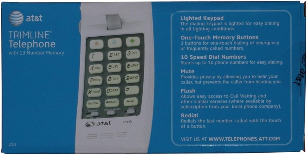 AT&T 210 Basic Trimline Corded Phone, No AC Power Required, White
