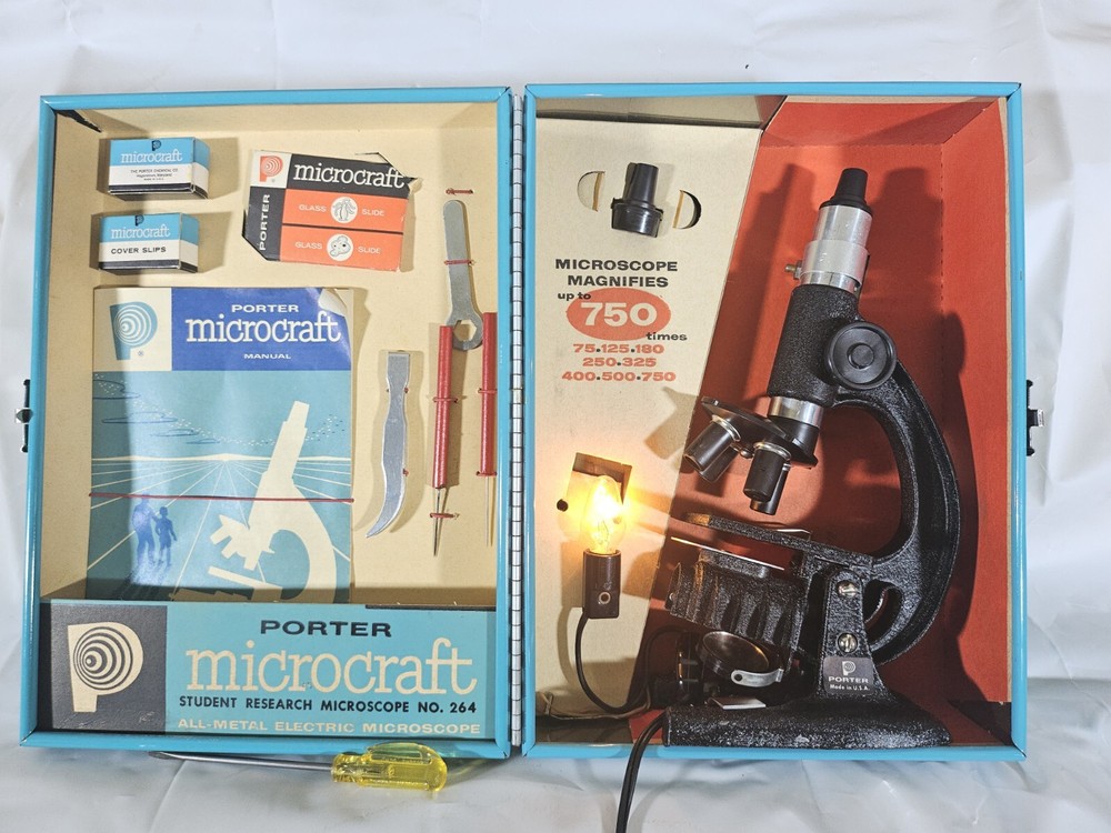 Porter Science Microcraft Student Research Microscope Lab No. 264 w/ Extras 🔥