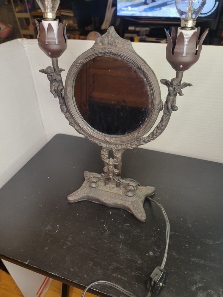 Vintage Cast Iron Cherub Vanity Mirror Lamp