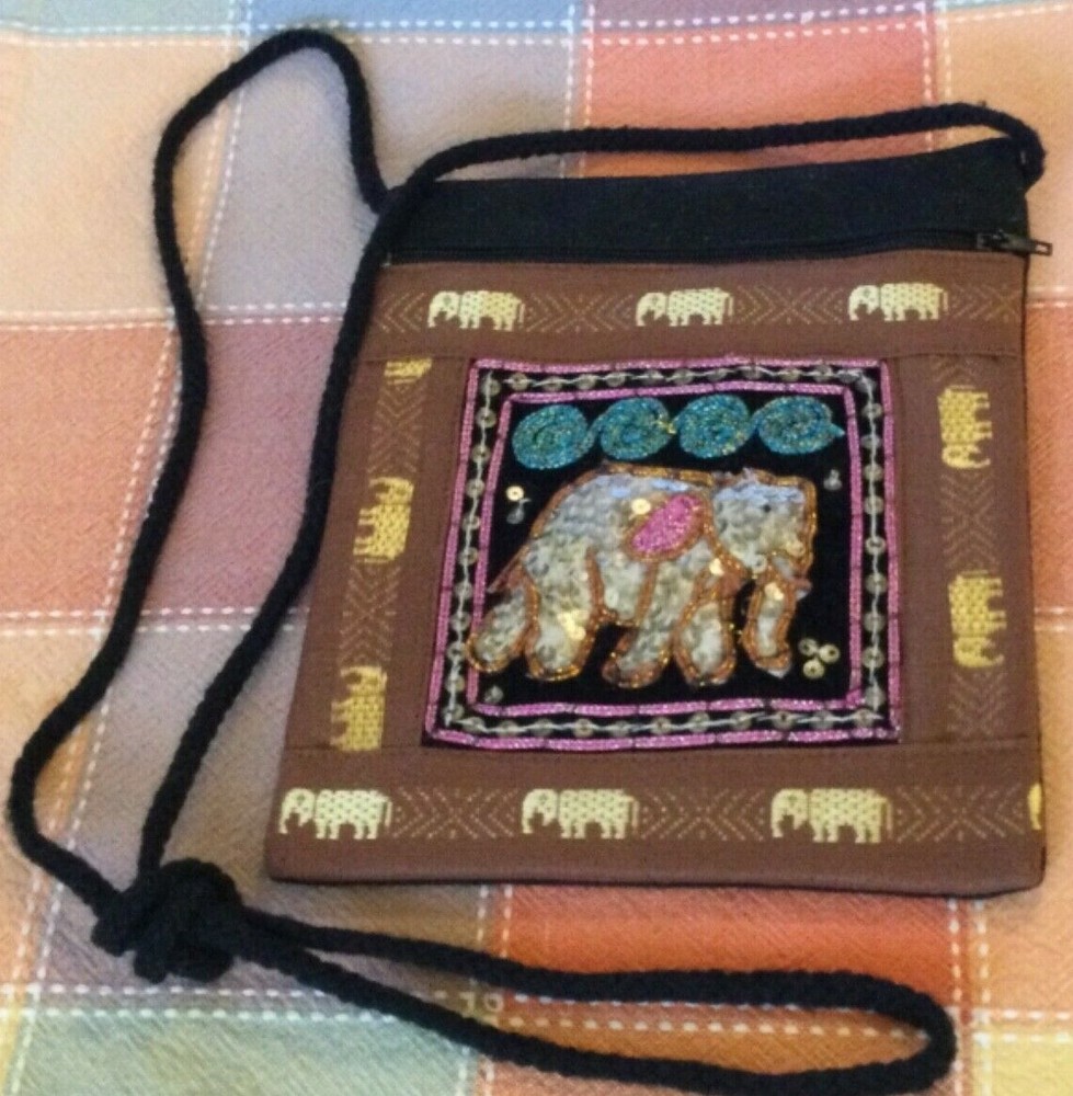 Square Boho Pouch Puffy Elephant w/Sequins Black Cord Strap