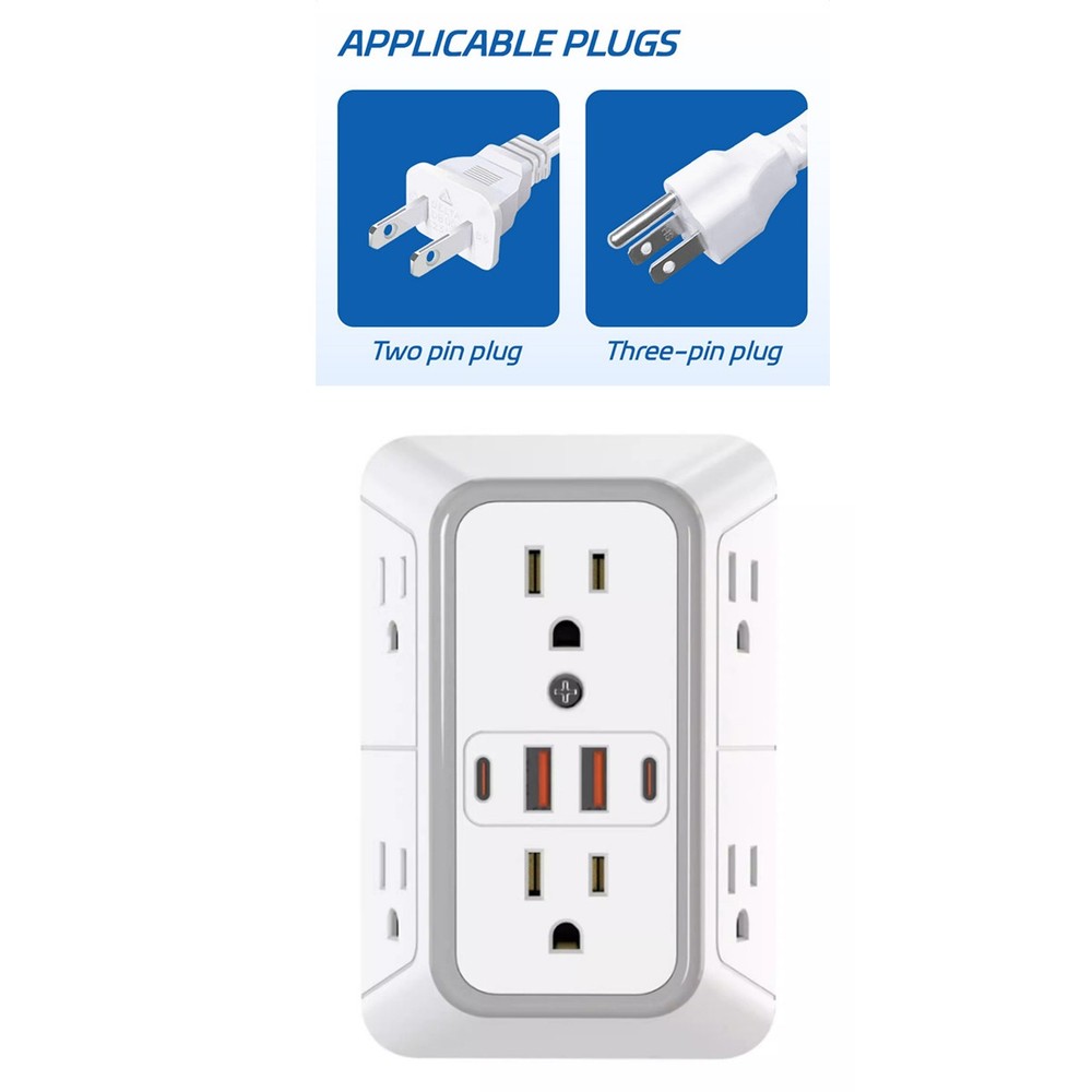 Electrical Wall Socket Outlets Adapters with 6 AC outlets and 4 USB (2 Type C)