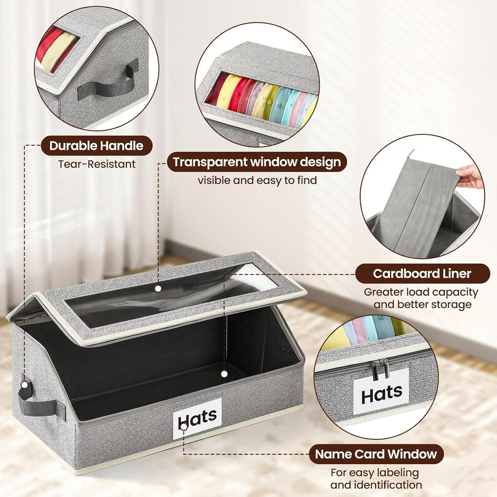 Hat Organizer for Baseball Caps, 2-Pack Stackable Hat Storage Box Holds 30 Caps,