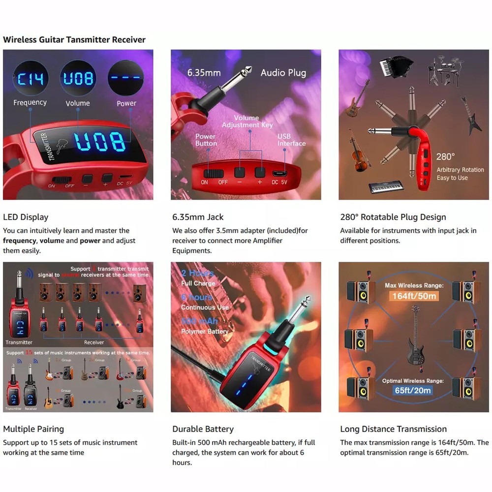 UHF Guitar Wireless System LED Display Rechargeable Transmitter and Receiver