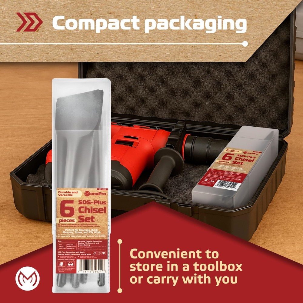 MonoPro SDS Plus Chisel Set for Rotary Hammer Drills, 6 PCS SDS Chisel Set In...