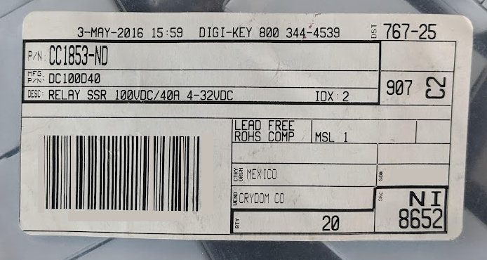 DC100D40 - Solid State Relay, 40 A, 100 VDC, Panel