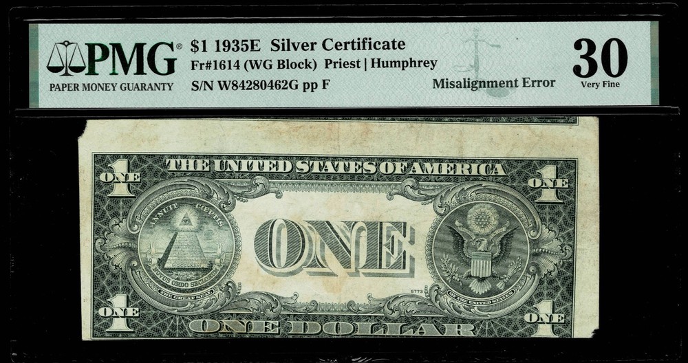 MISALIGNMENT ERROR $1 1935E SILVER CERTIFICATE NOTE, FR#1614 PMG VF30