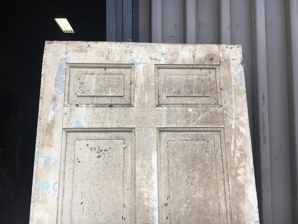 c1830 Raised panel door old crusty paint 77 x 29.5" - Five panel old hardware