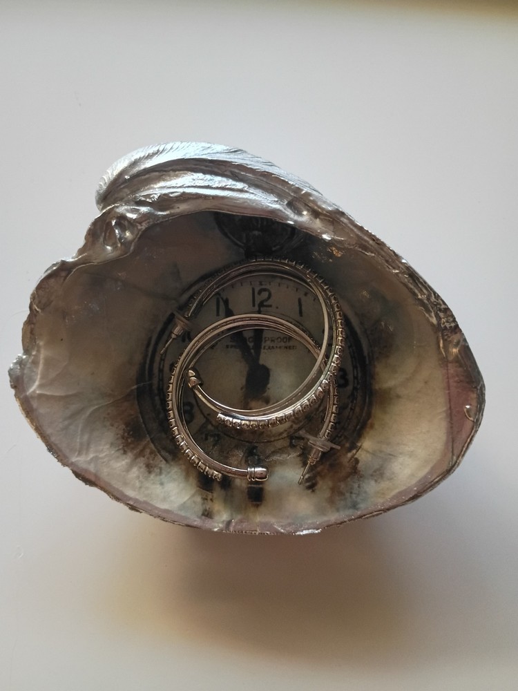 Large Clock Decoupaged Shell Jewelry Trinket Dish