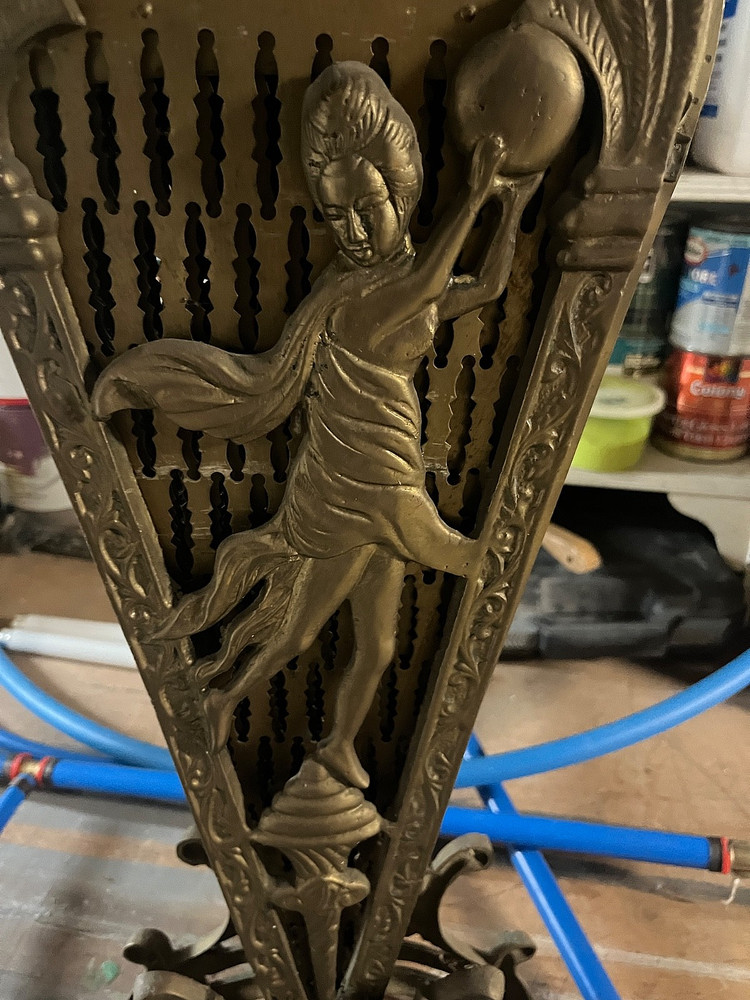 Antique embossed copper fireplace screen elephants,tools, Peacock