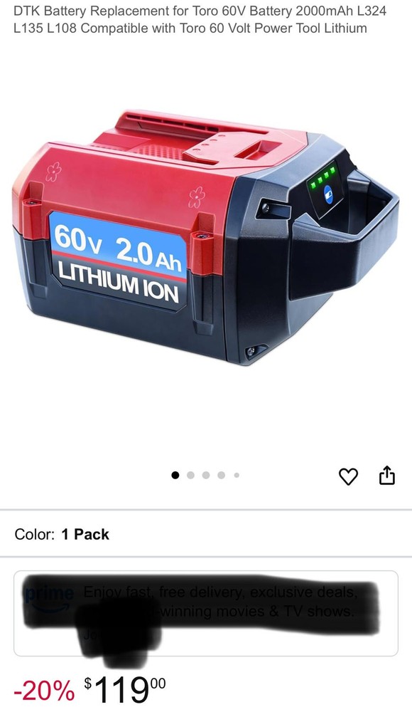Replacement Battery 60v for Toro power tools