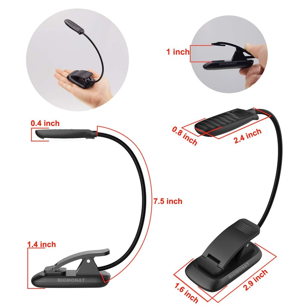 Rechargeable Book Reading Light Amber LED USB Bendable Neck Adjustable Black