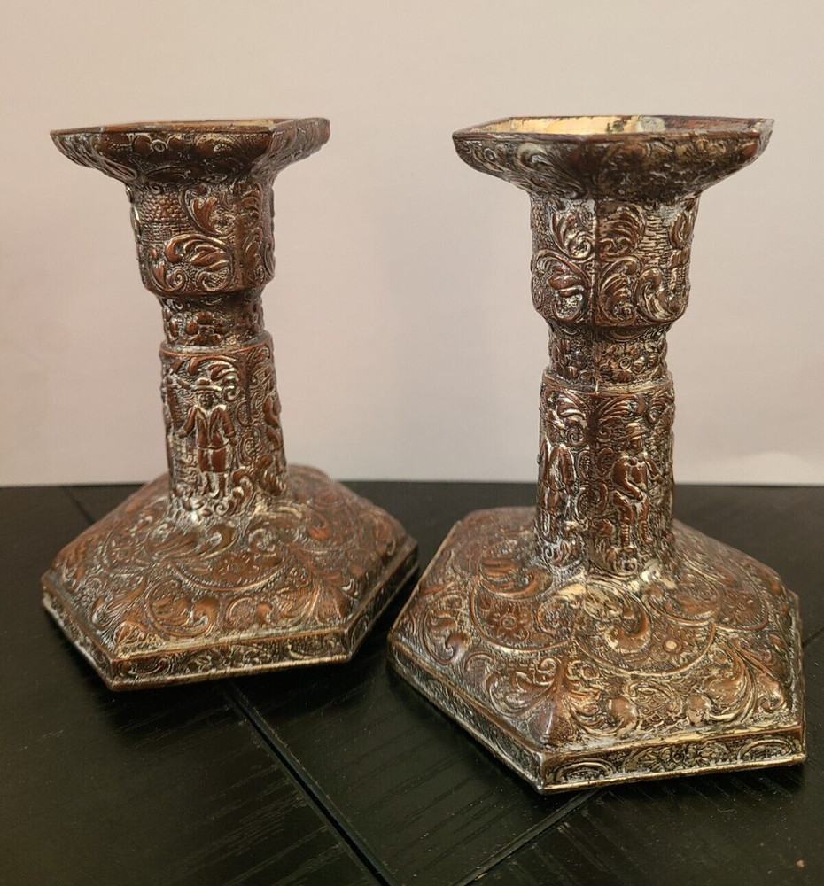 Antique Dutch Colonial Repousse Candlestick PaiR - Silver plated
