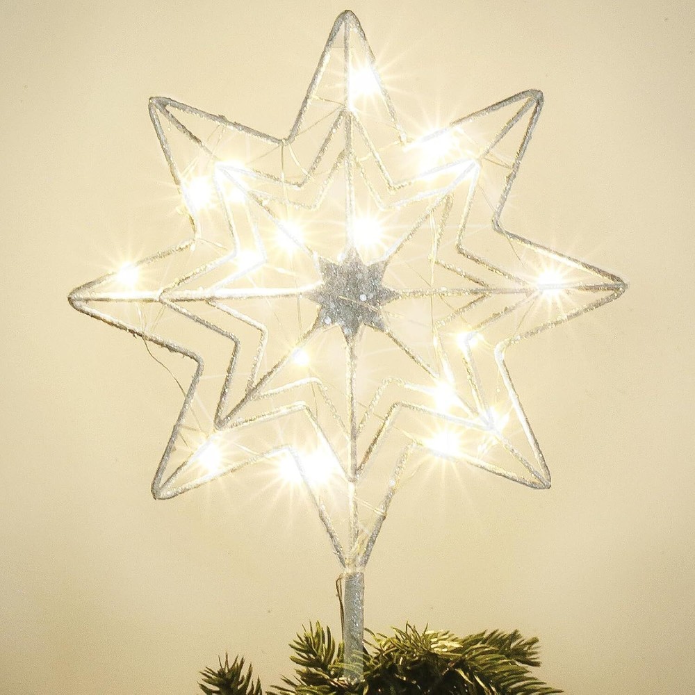 hogardeck Christmas Tree Topper, Glittered Silver 8-Pointed Large,