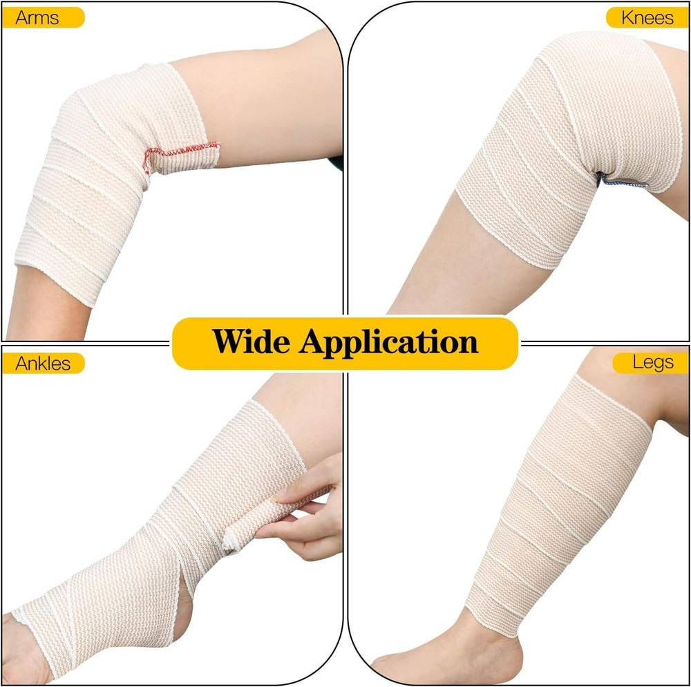 6 Pack 4" Premium Elastic Bandage Wrap, Reusable Hook and Loop Compression Wrap