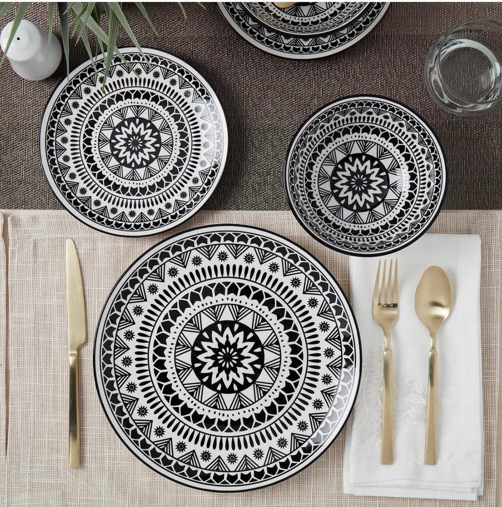Tabletops Unlimited 12 Pc. Black Pad Print Dinnerware Set,