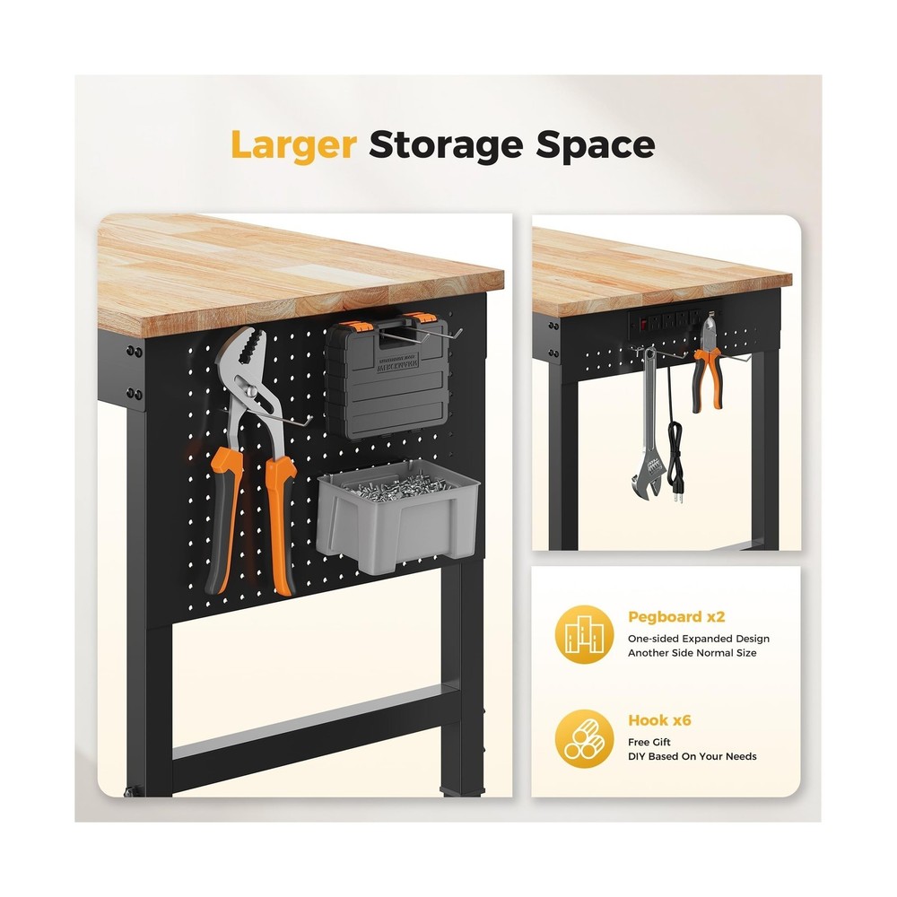 60" Adjustable Heavy Duty Workbench, 2000 LBS Load Capacity Rubber Wood Work ...