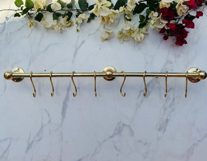 Solid Brass Hanging Pot Rack – Antique Brass Kitchen Rail with Hooks, Wall-Mount