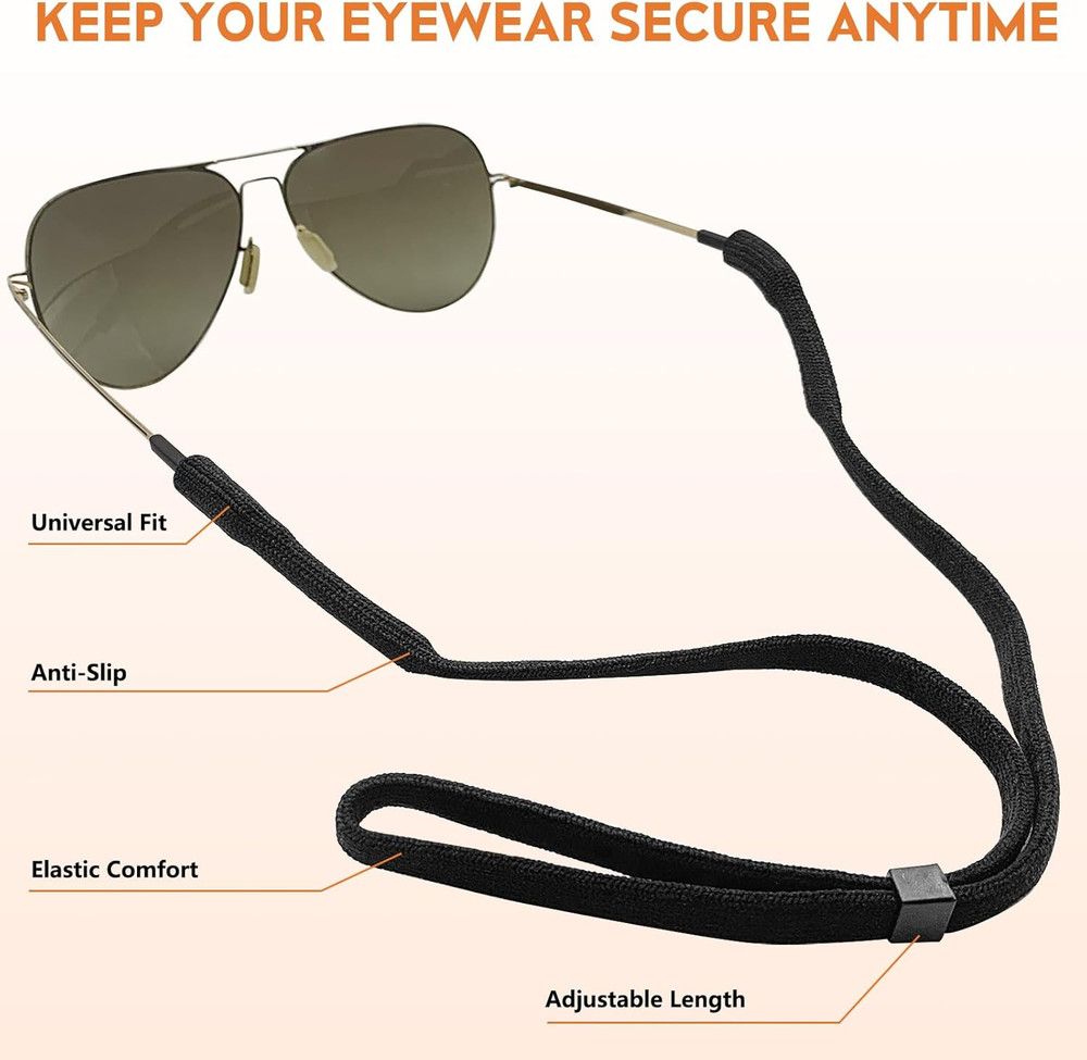 Adjustable Glasses Strap, 3-Pack Black Nylon Eyeglasses Strap with Secure Hol...
