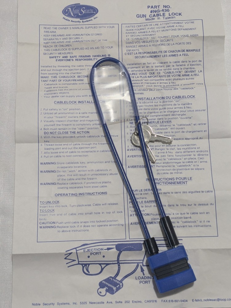 Cable Gun Firearm Lock Blue Instructions 2 Keys