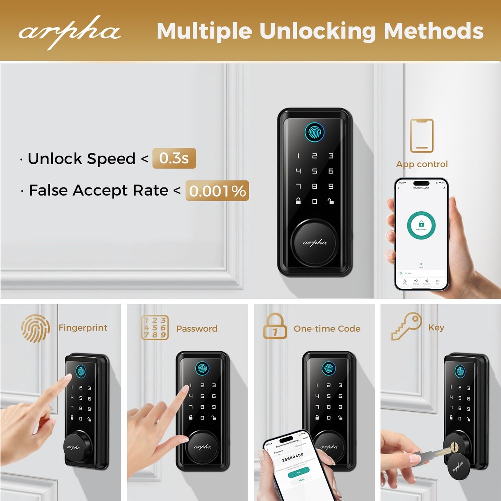 ARPHA Security Keyless Smart Door Lock 100Code Fingerprint Keyless Bluetooth APP