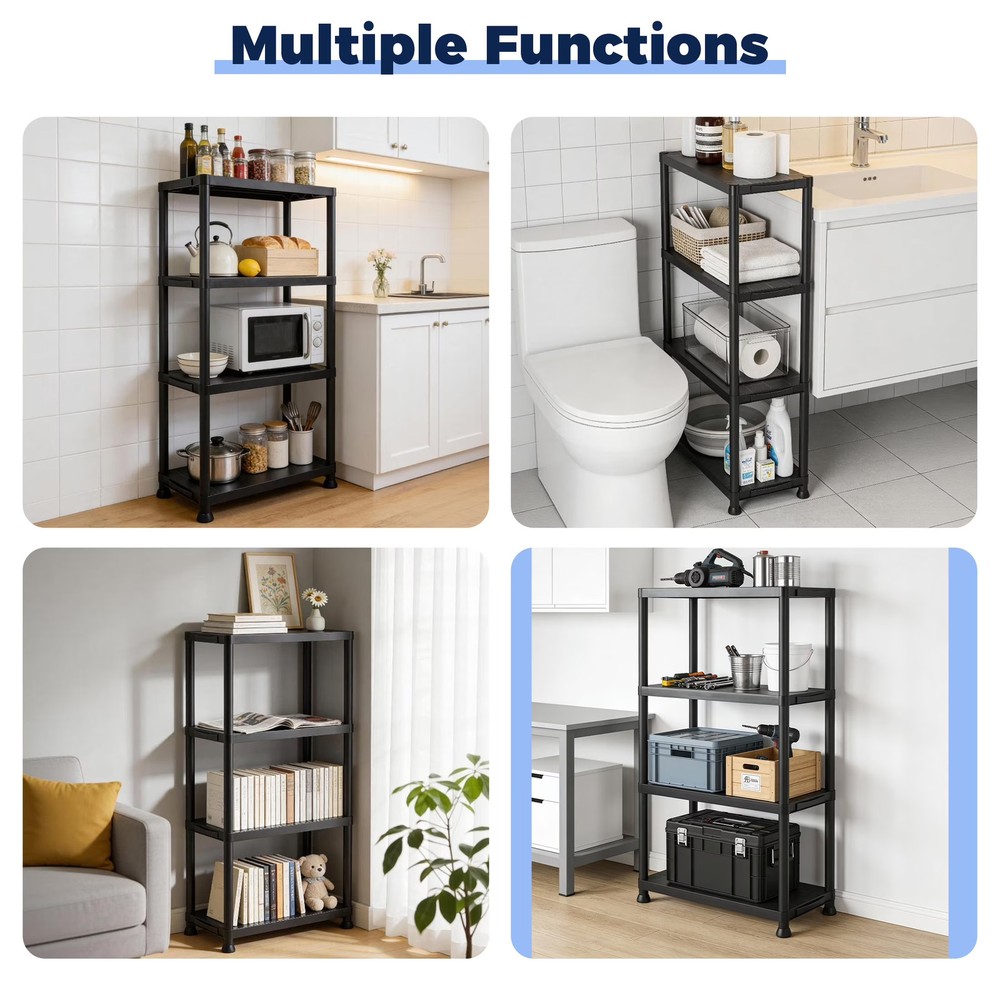 4-Shelf Plastic Storage Rack Multi-Purpose Organizer Easy Assembly for Home