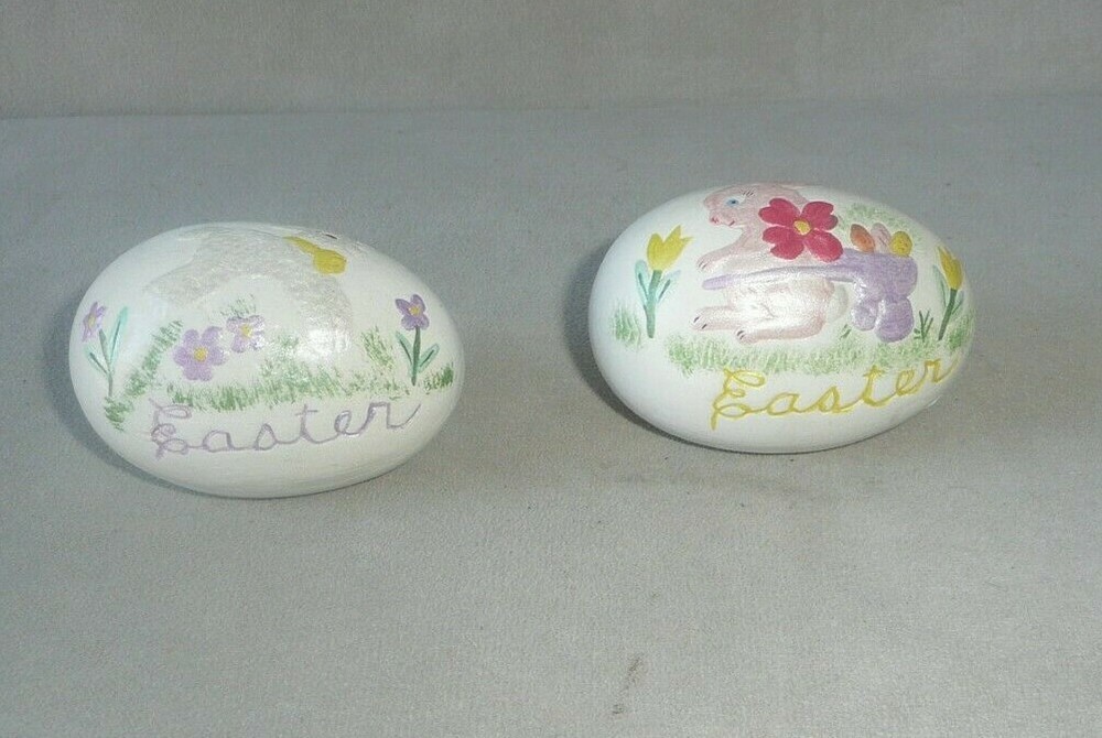 Vintage 1971 Ceramic Easter Egg Bunny Pulling Cart & Lamb set of 2
