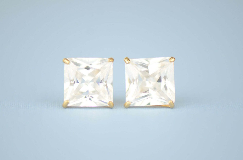 14k solid yellow gold square clear CZ basket set stud earrings 3mm-10mm