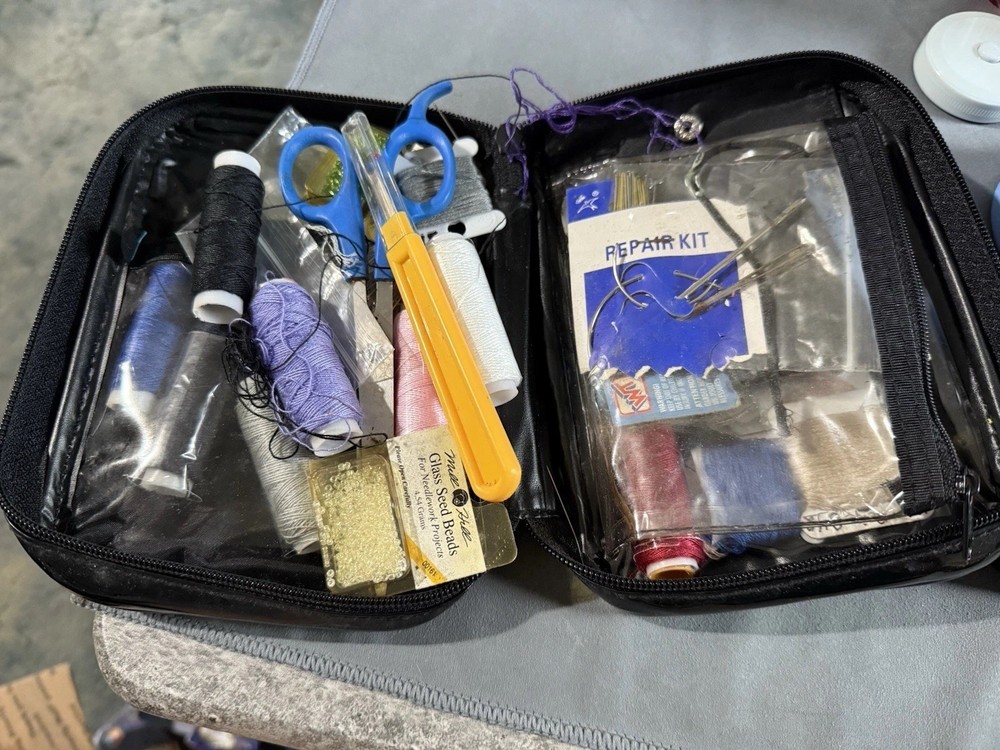 Random Mess Of Sewing Stuff with Thread, Scissors & Case