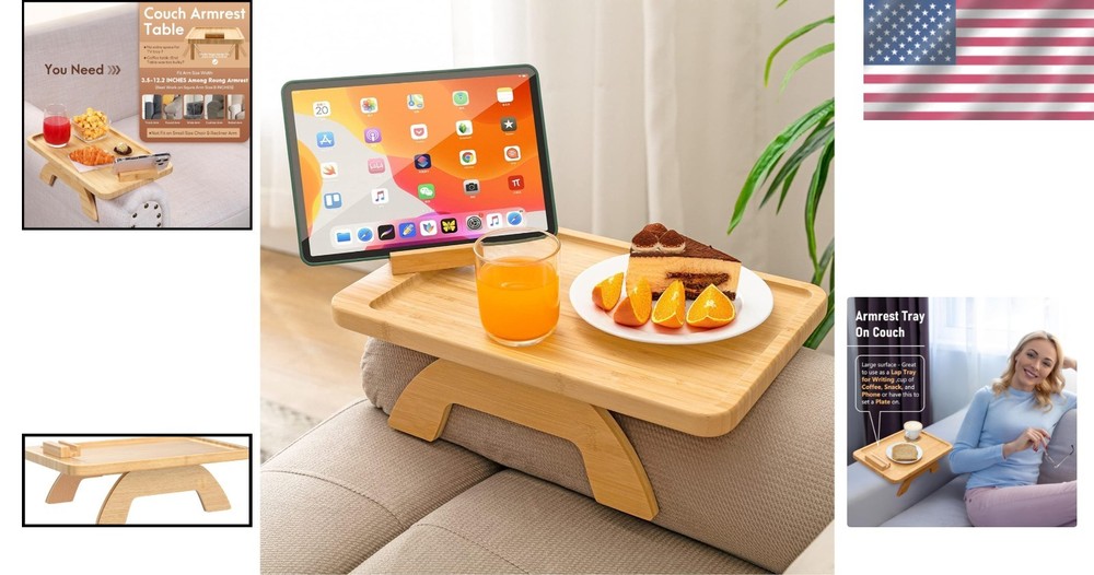 Modern Bamboo Armrest Table for Snacks/Remote, Rectangular